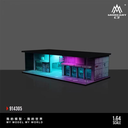 מוסך מואר לתצוגת 164 עם עיצוב מואר בגווני כחול וסגול