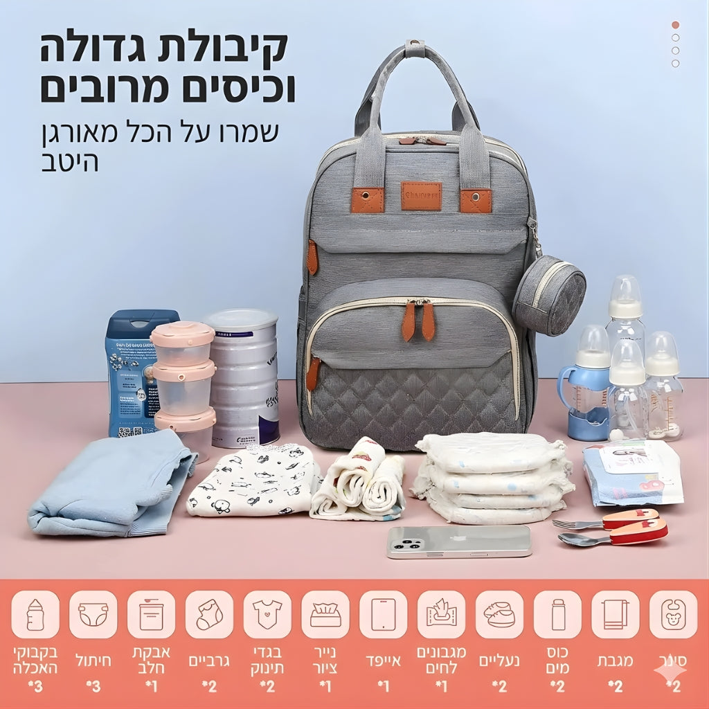 תיק החתלה עם מיטה מתקפלת בצבע כחול עם קיבולת גדולה ותאים שימושיים