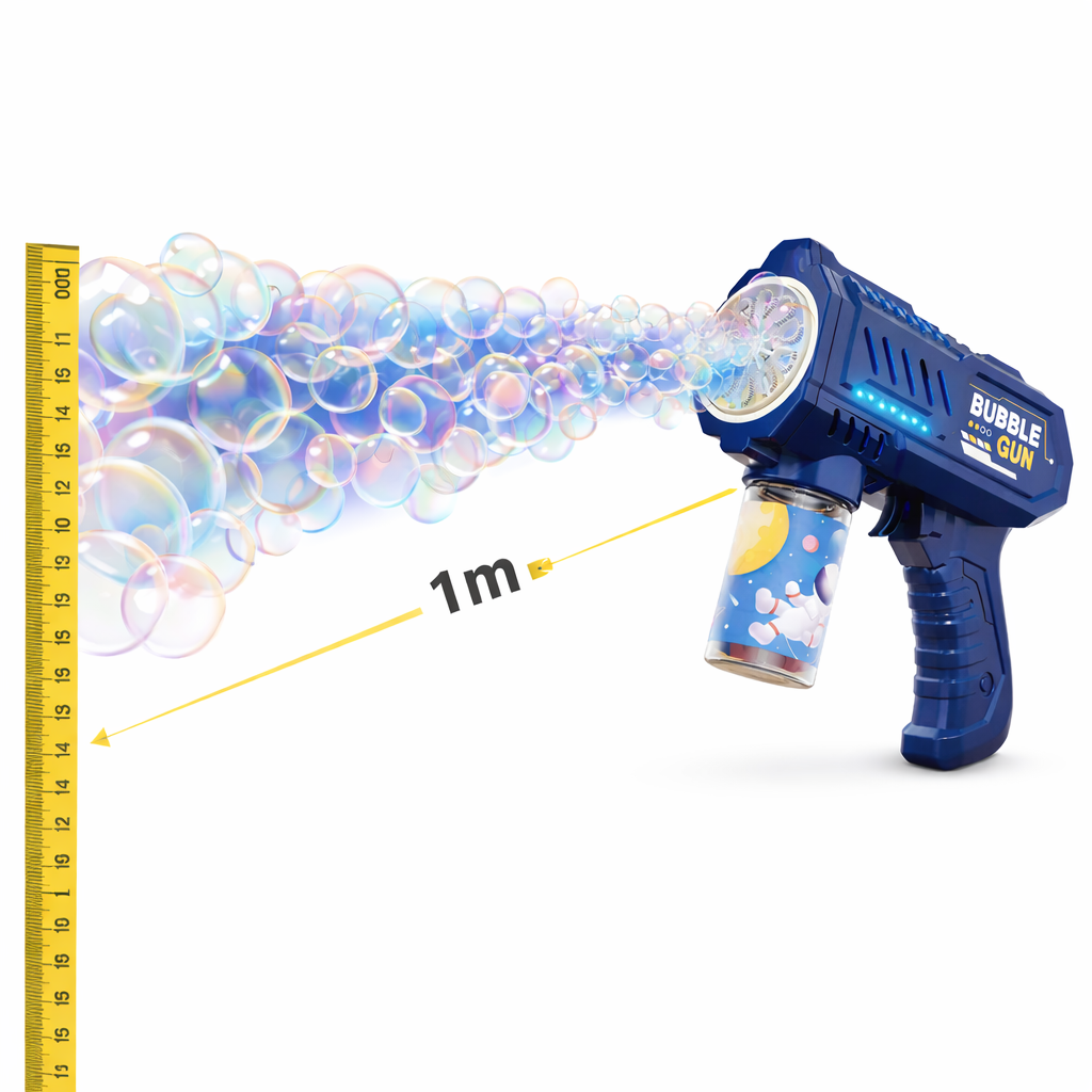 צעצוע קיץ לילדים: אקדח בועות סבון חשמלי עם מיכל נוזל בעיצוב אסטרונאוט, לחווית משחק בחוץ.