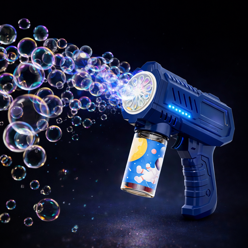 מכונת בועות סבון ניידת בצורת אקדח חלל לימי הולדת ומסיבות, יוצרת אלפי בועות ברגע בלחיצת כפתור