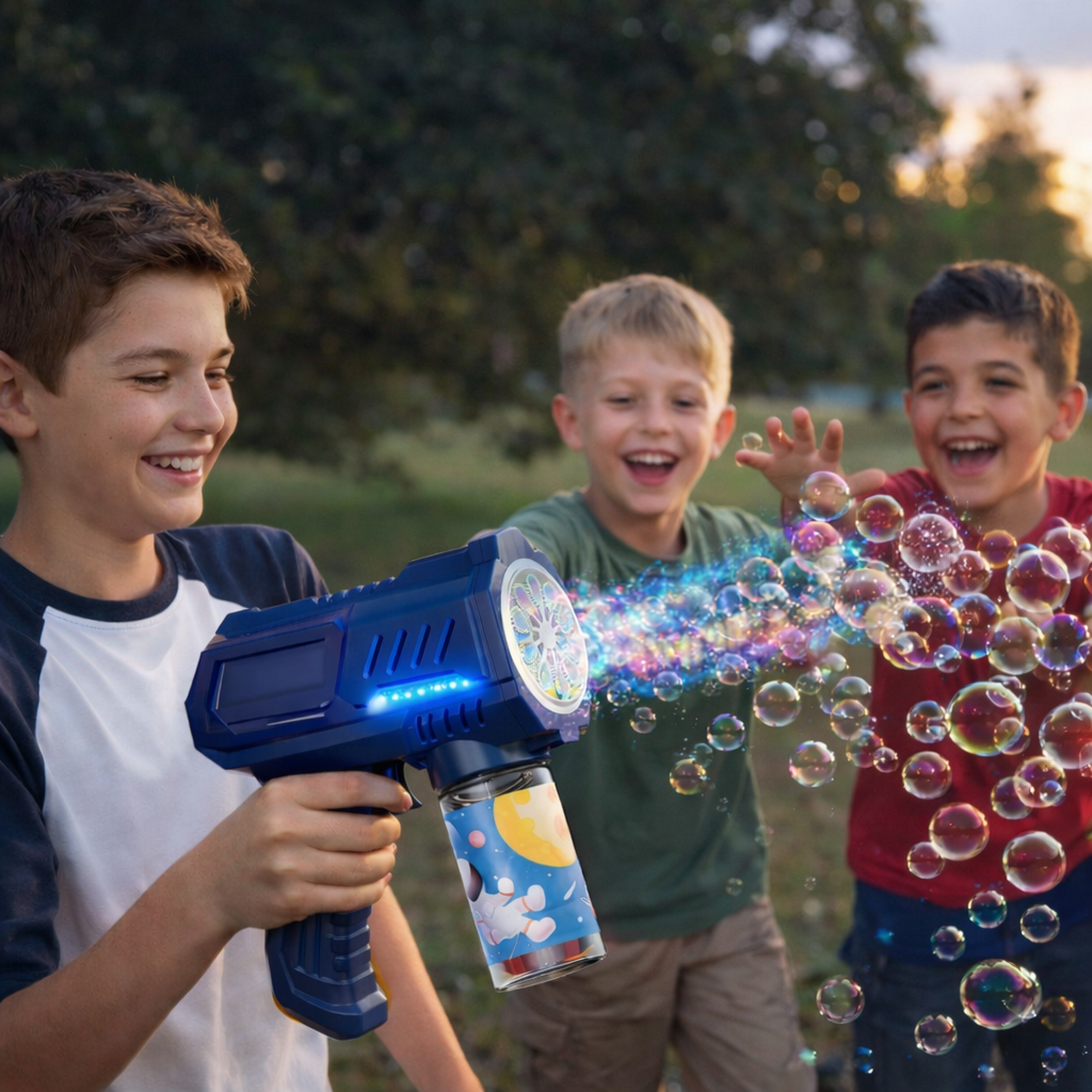 מכונת בועות סבון ניידת בצורת אקדח חלל לימי הולדת ומסיבות, יוצרת אלפי בועות ברגע בלחיצת כפתור