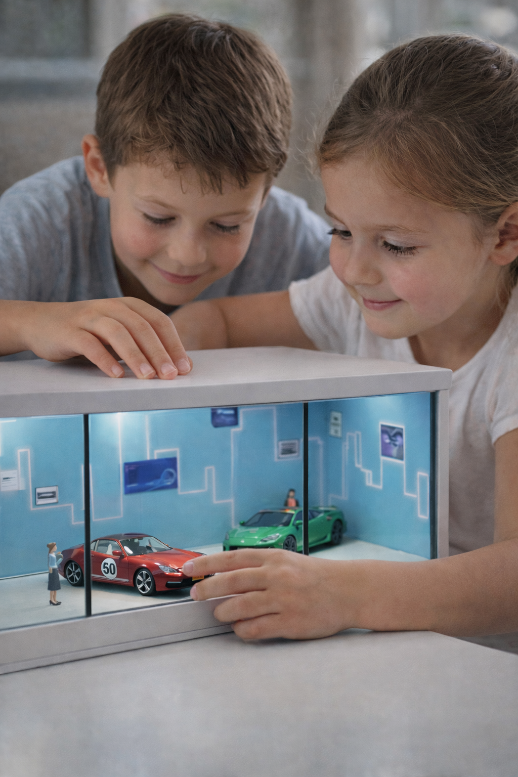 דיורמה מוארת להרכבה של מוסך רחוב בגודל 1:64, עם תאורת LED ועיצוב אורבני להצגת דגמי מכוניות.