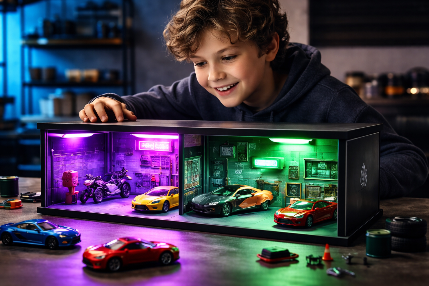 דגם מוסך חניון מואר להרכבה לתצוגת מכוניות 1:64: ילד מסתכל על תצוגה עם תאורת LED צבעונית ומכוניות דגם