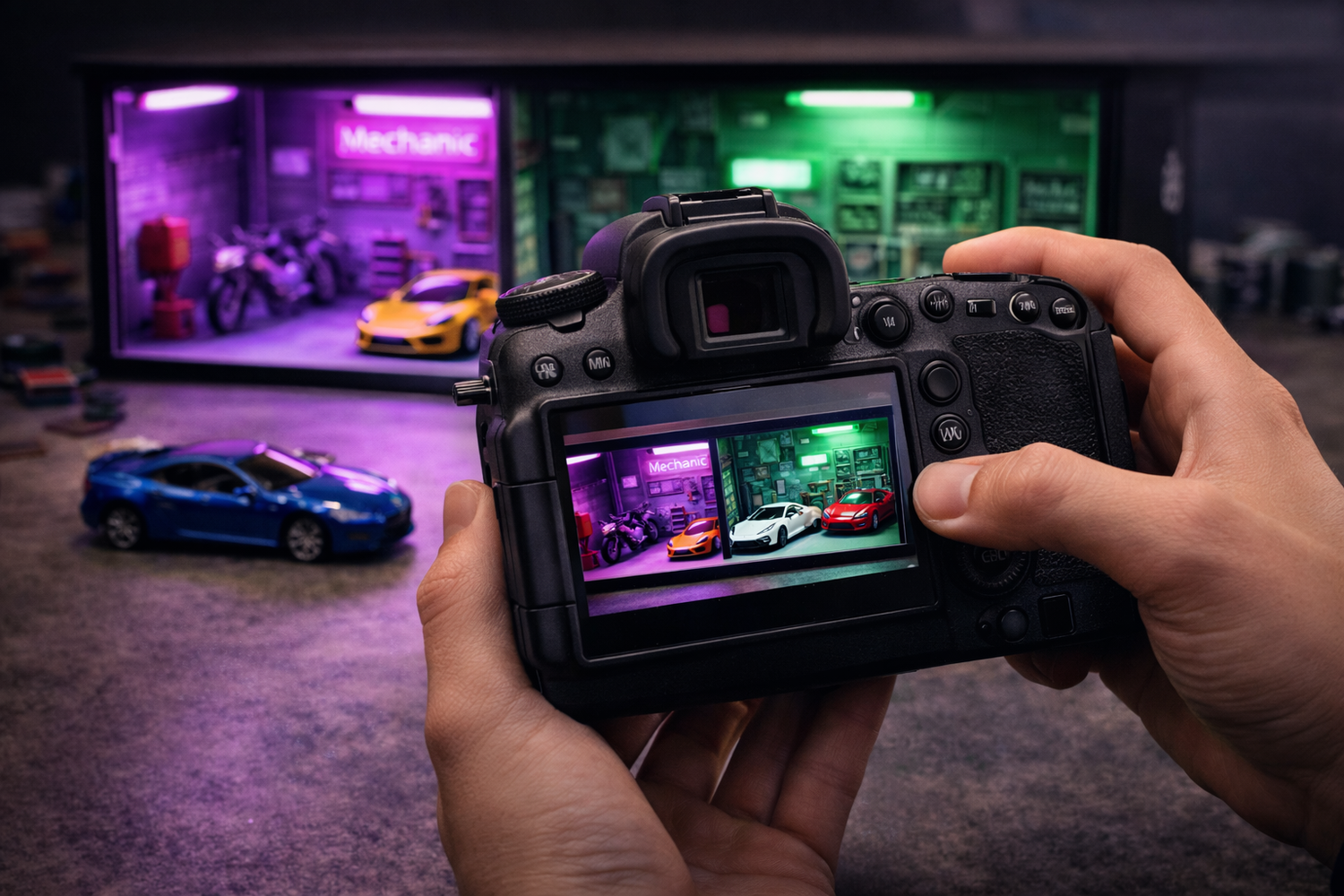 תפאורה מוארת לאוסף מכוניות 1:64 - מוסך עירוני מעוצב עם תאורה לאווירה מיוחדת בחדר