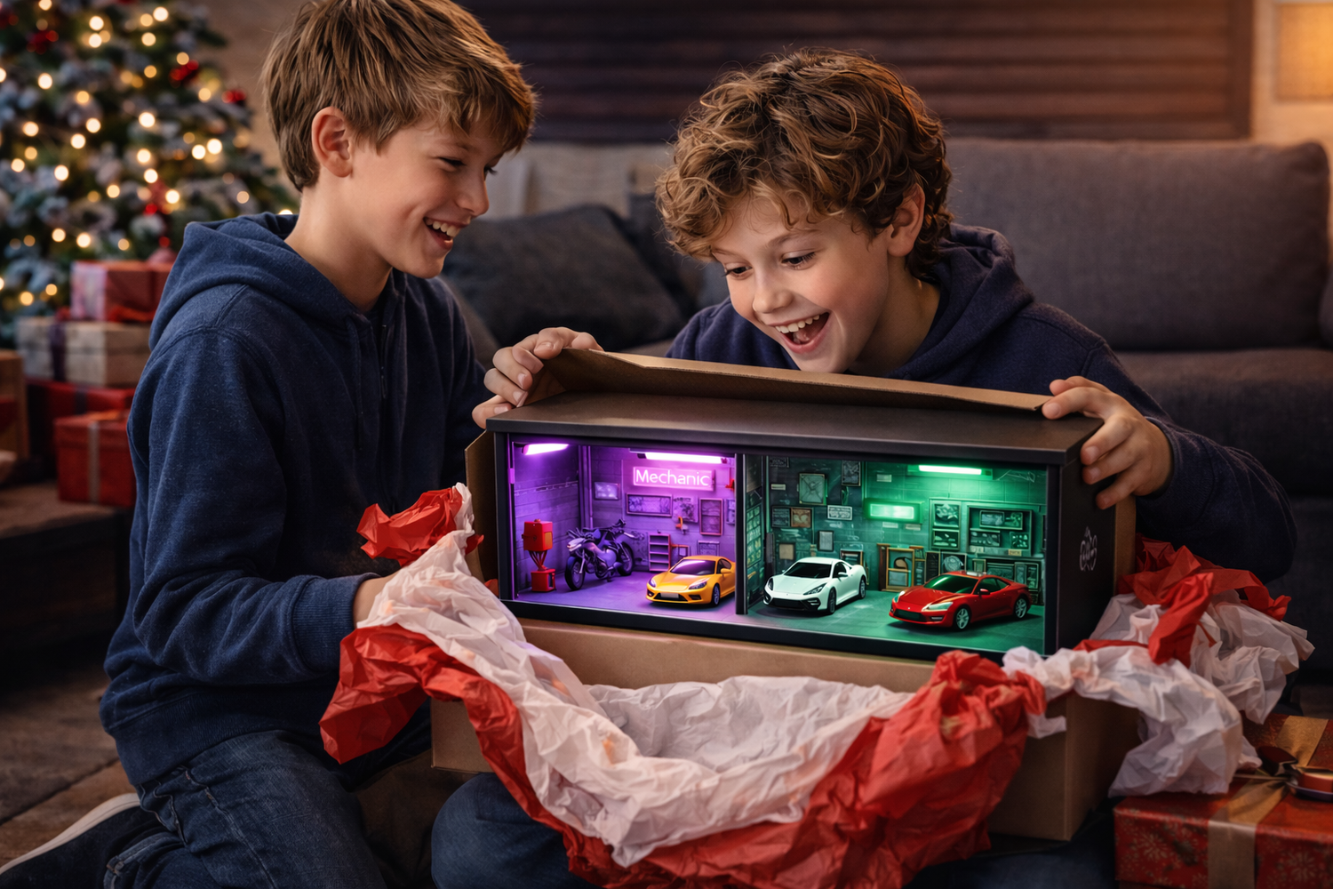 תפאורה מוארת לאוסף מכוניות 1:64 - מוסך עירוני מעוצב עם תאורה לאווירה מיוחדת בחדר