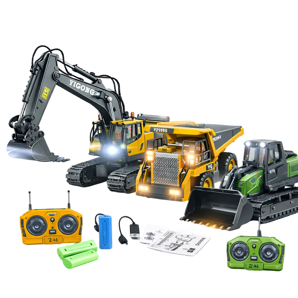 סט רכבי עבודה על שלט 2.4G: מחפר שלט עם סיבוב 680°, משאית דאמפר ודחפור עם אורות LED, כולל שלטים, סוללות, כבל טעינה וחוברת