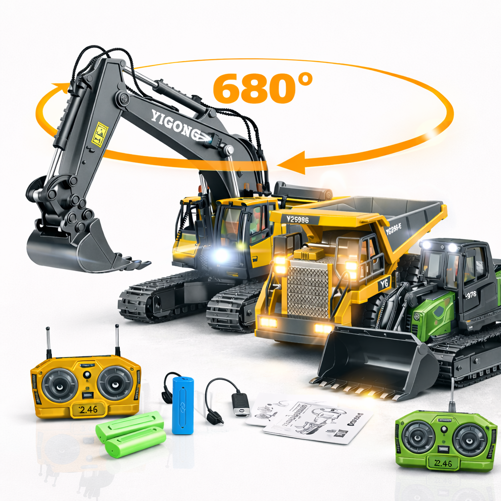 סט רכבי עבודה על שלט 2.4G: מחפר שלט עם סיבוב 680°, משאית דאמפר ודחפור עם אורות LED, כולל שלטים, סוללות, כבל טעינה וחוברת