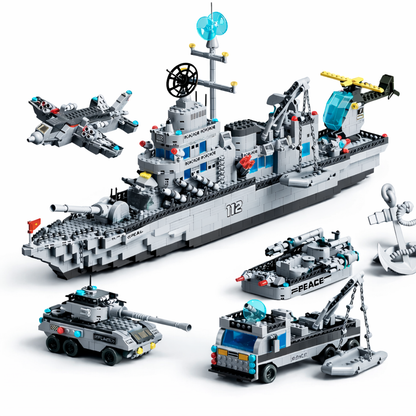 דגם ספינת מלחמה להרכבה עם חלקים צבאיים ותצוגת אביזרים