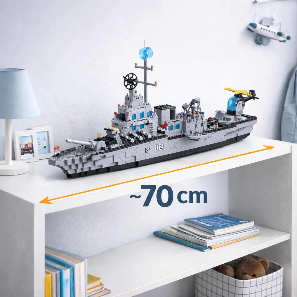 ערכת ספינת מלחמה להרכבה 6 ב-1 עם 1560 חלקים: ילד מחזיק דגם גדול, כולל אפשרות לבניית כמה דגמים שונים