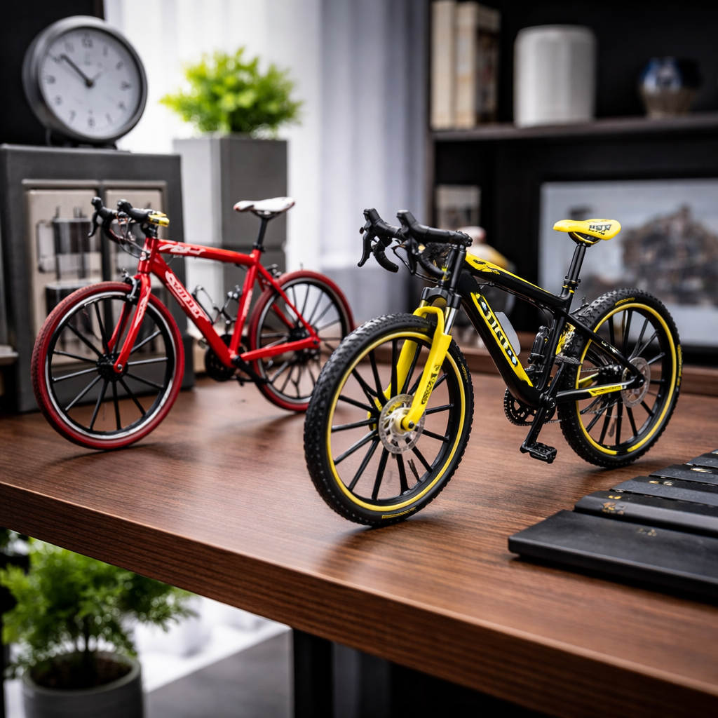 דגם אופני מרוץ מיניאטורה מתכת לתצוגה: שני אופניים בקנה מידה 1:10 על שולחן, דגם אספנות איכותי