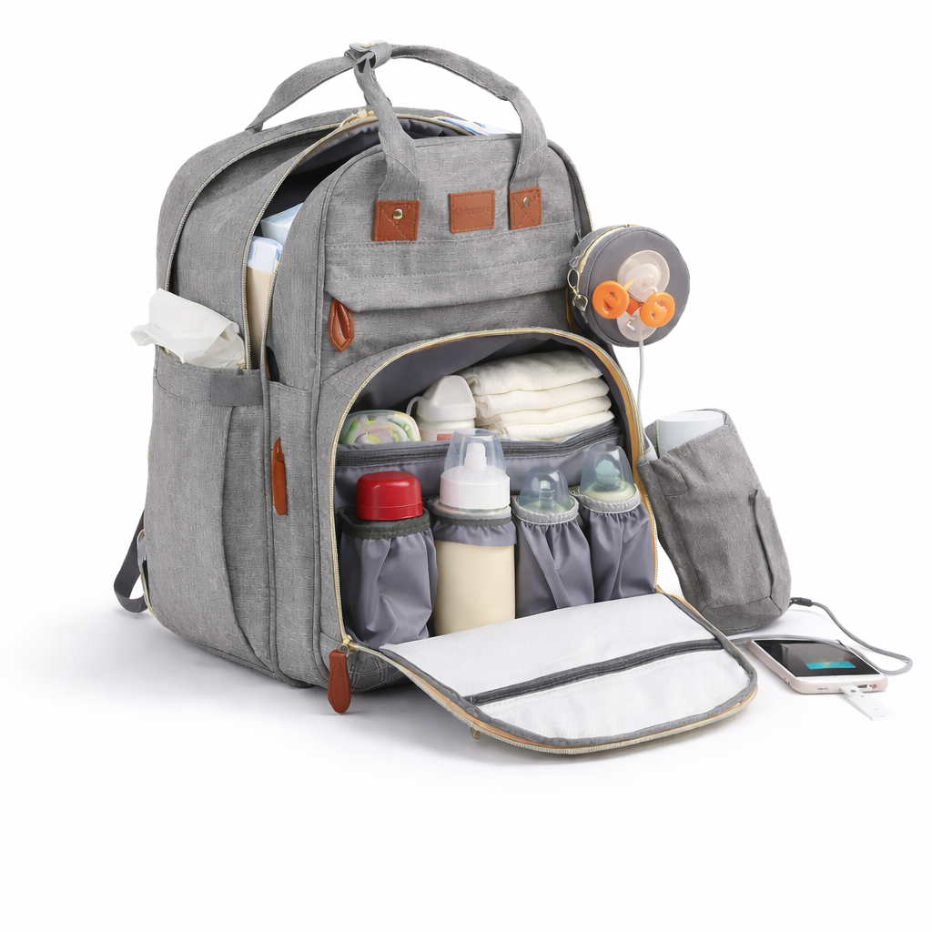 תיק החתלה לתינוק רב-תאים עם תאי בקבוקים, חיתולים ומשטח החתלה – תיק גב אפור עם חיבור USB לטעינת טלפון