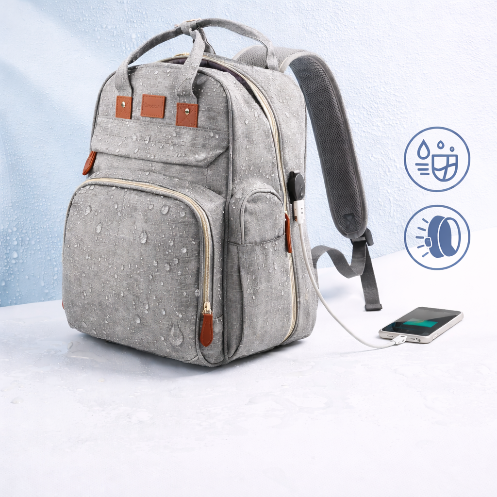 תיק החתלה לתינוק עמיד למים עם חיבור USB לטעינה – תיק גב אפור עם תאים רבים וכבל טעינה לטלפון