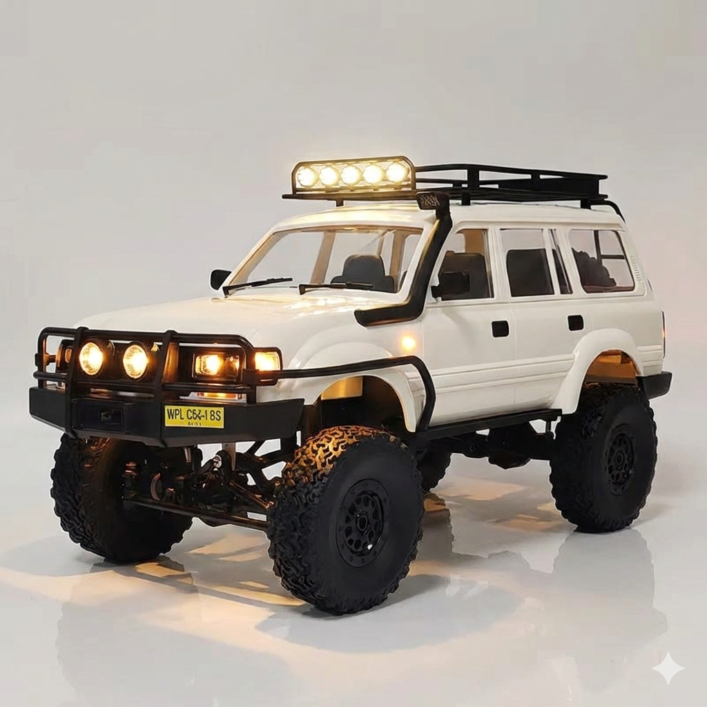 באנר רכב שטח על שלט 4X4 מהיר: רכב RC לבן נוסע בשטח מדברי, טקסט 'כוח בלתי ניתן לעצירה' – צעצוע רכב שלט לילדים