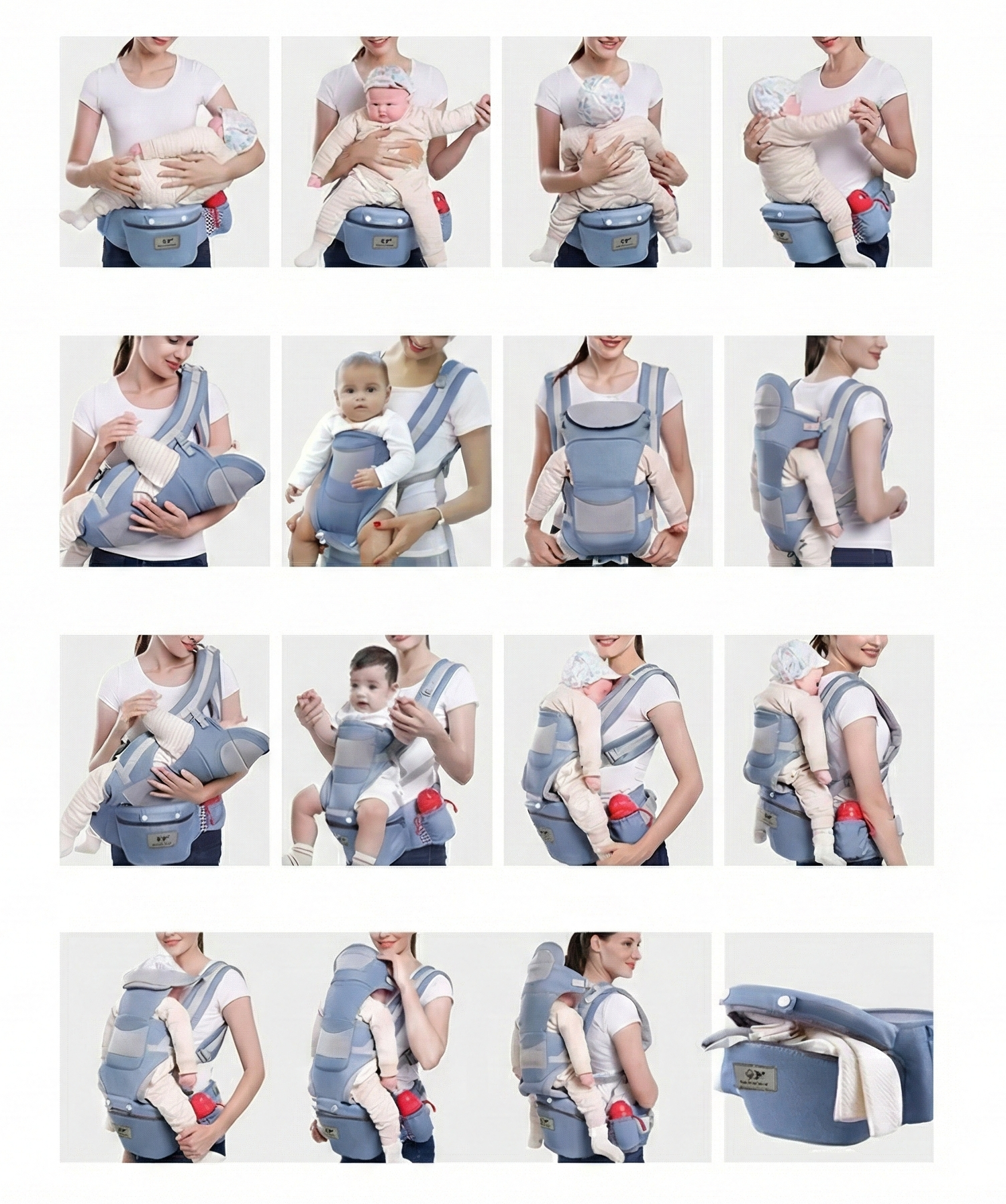 מנשא תינוק ארגונומי Hipseat: תמונות הדגמה של תנוחות נשיאה שונות – קדמית, צדית וגב, לתינוקות ולפעוטות