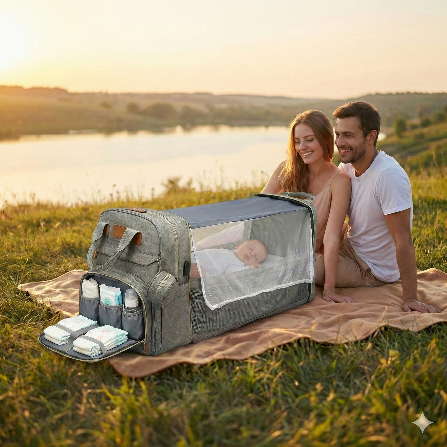 תיק החתלה לתינוק עם מיטה מתקפלת: הורים בפיקניק ליד אגם ותינוק ישן בתוך עריסה מתקפלת בתיק, עם תאים לחיתולים ובקבוקים