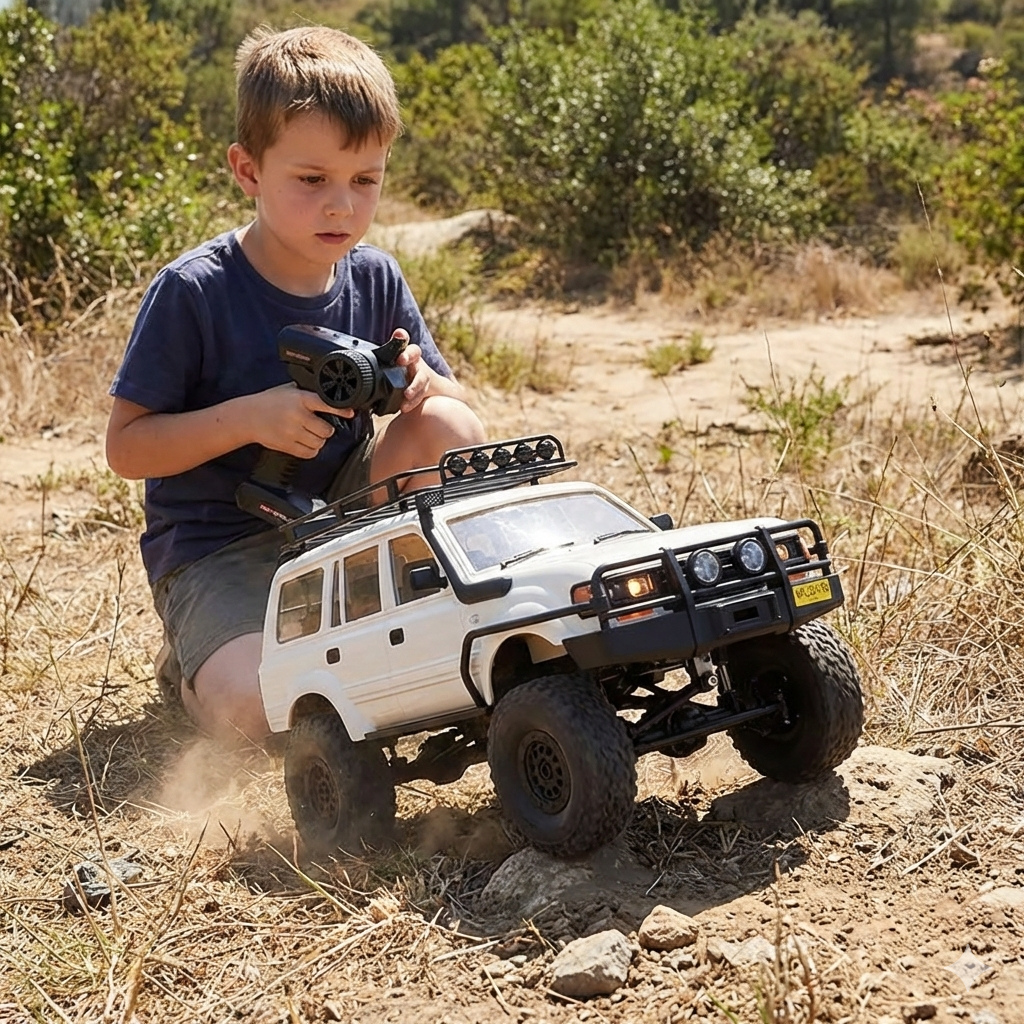 באנר רכב שטח על שלט 4X4 מהיר: רכב RC לבן נוסע בשטח מדברי, טקסט 'כוח בלתי ניתן לעצירה' – צעצוע רכב שלט לילדים