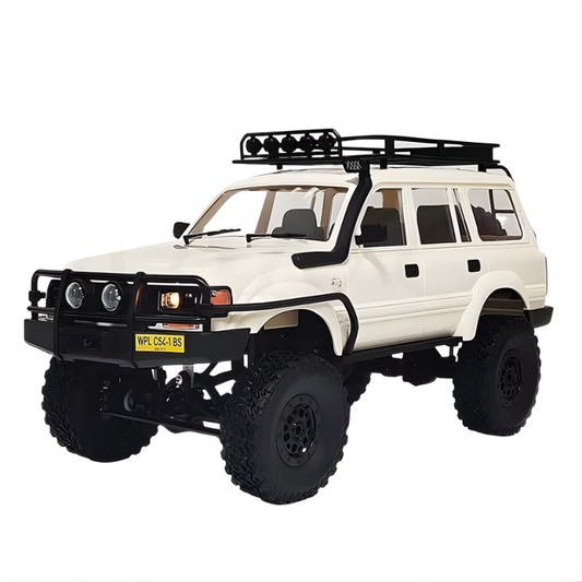 מכונית שטח על שלט 4X4 בצבע לבן עם גג שחור ועיצוב קשוח