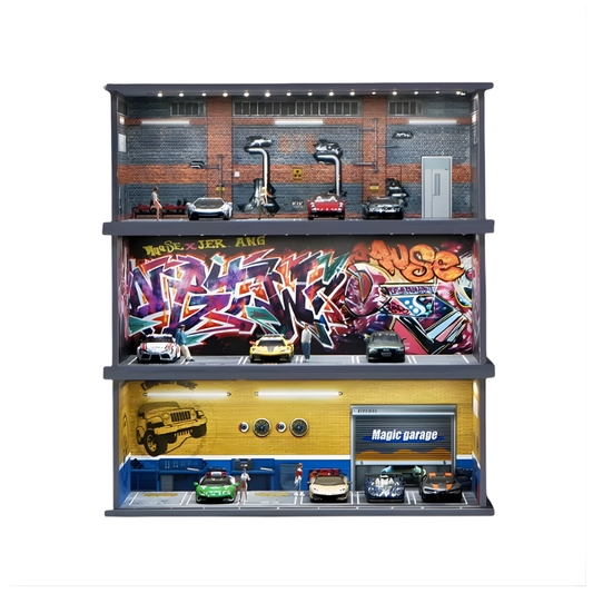 חניון מואר למכוניות 1:64 עם עיצוב מוסך תצוגה מרובה קומות