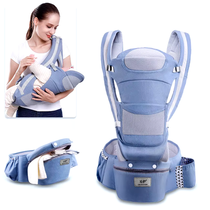 מנשא תינוק Hipseat בצבע כחול עם מושב ארגונומי ונוחות להורה