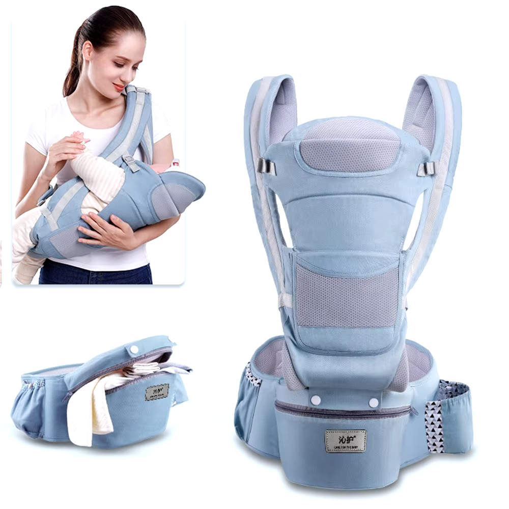 מנשא תינוק Hipseat בצבע תכלת עם מבנה ארגונומי לנשיאה בטוחה ונוחה