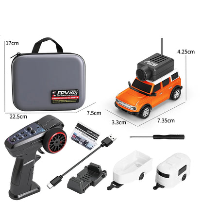 מכונית דריפט RC עם מצלמת FPV בצבע כתום עם מסך ושלט