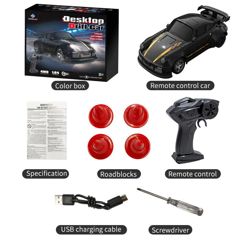 מכונית דריפט על שלט 4X4 בצבע שחור עם ערכת אביזרים מלאה