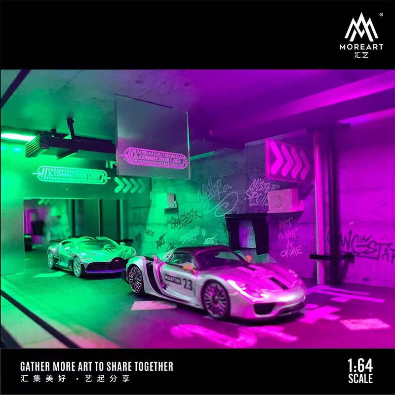 מוסך מואר לתצוגת 164 עם תאורה ורודה וירוקה לתצוגת רכבים