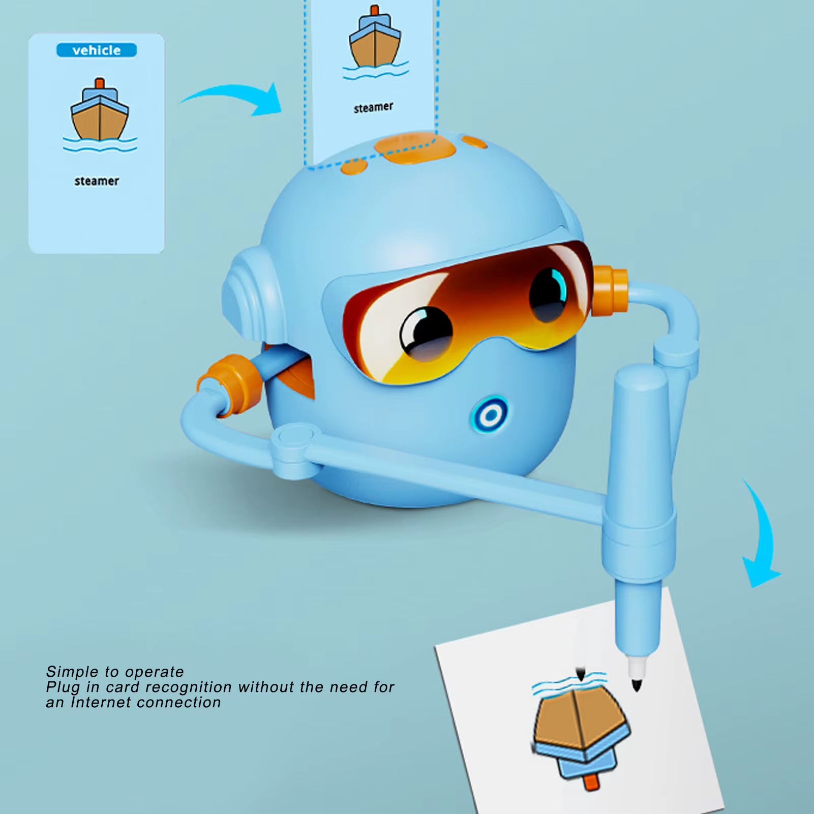 רובוט ציור לילדים בצבע כחול עם כרטיסי ציור ללמידה