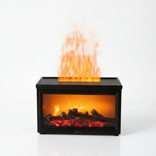 מפיץ שמנים אתריים להבה בעיצוב קמין שחור עם אפקט אש ואדים