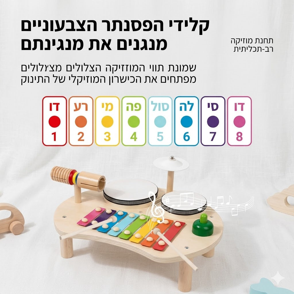 שולחן מוזיקלי מעץ לילדים עם תצוגת כלי נגינה ופעילויות מוזיקליות
