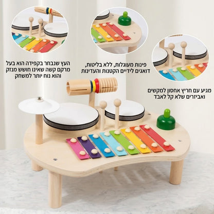 שולחן מוזיקלי מעץ לילדים עם מגוון אביזרי מוזיקה להתפתחות ולמידה