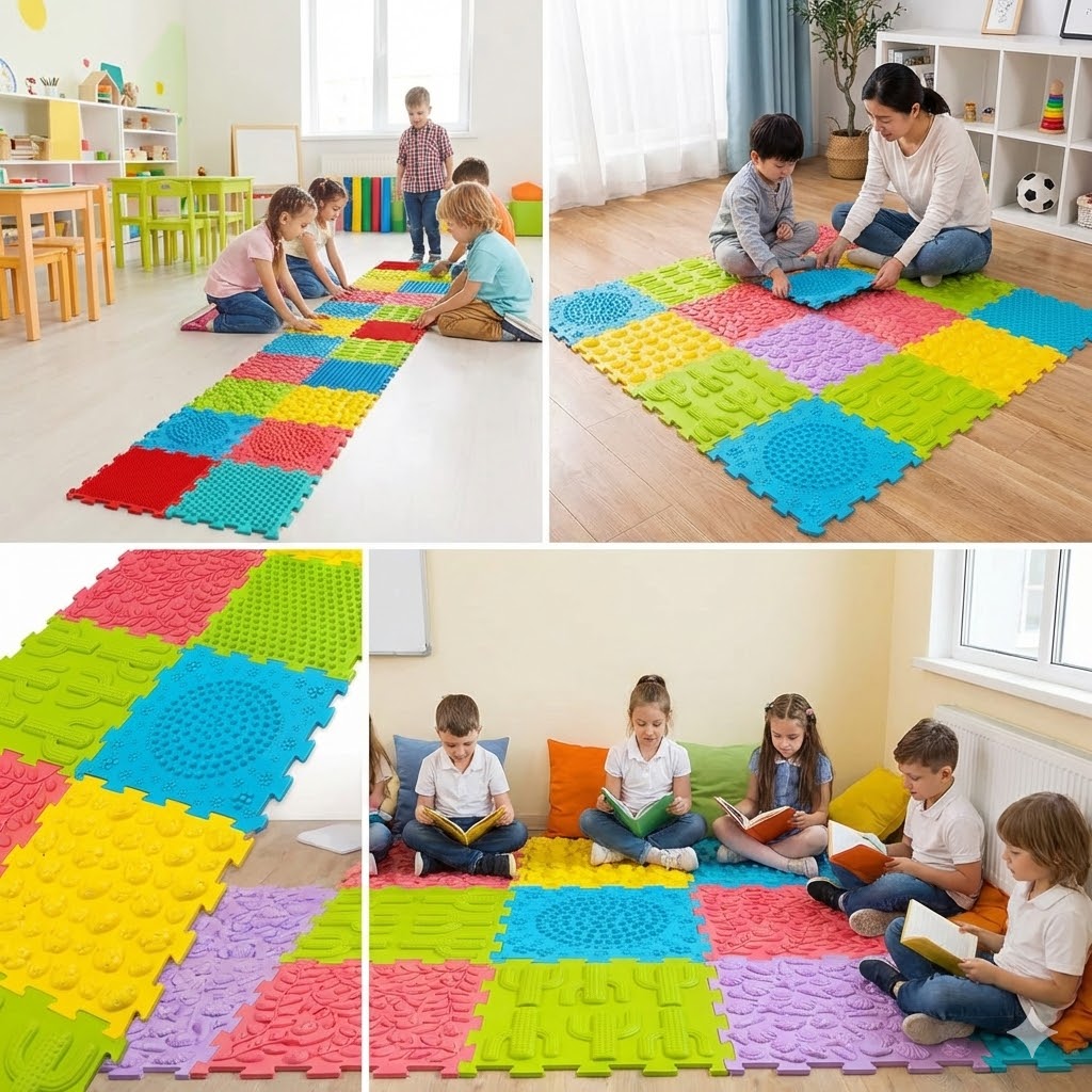 ילדים הולכים יחפים ומשחקים על מסלול שטיחי חושים צבעוני בחדר המשחקים, לפיתוח קואורדינציה ומוטוריקה גסה