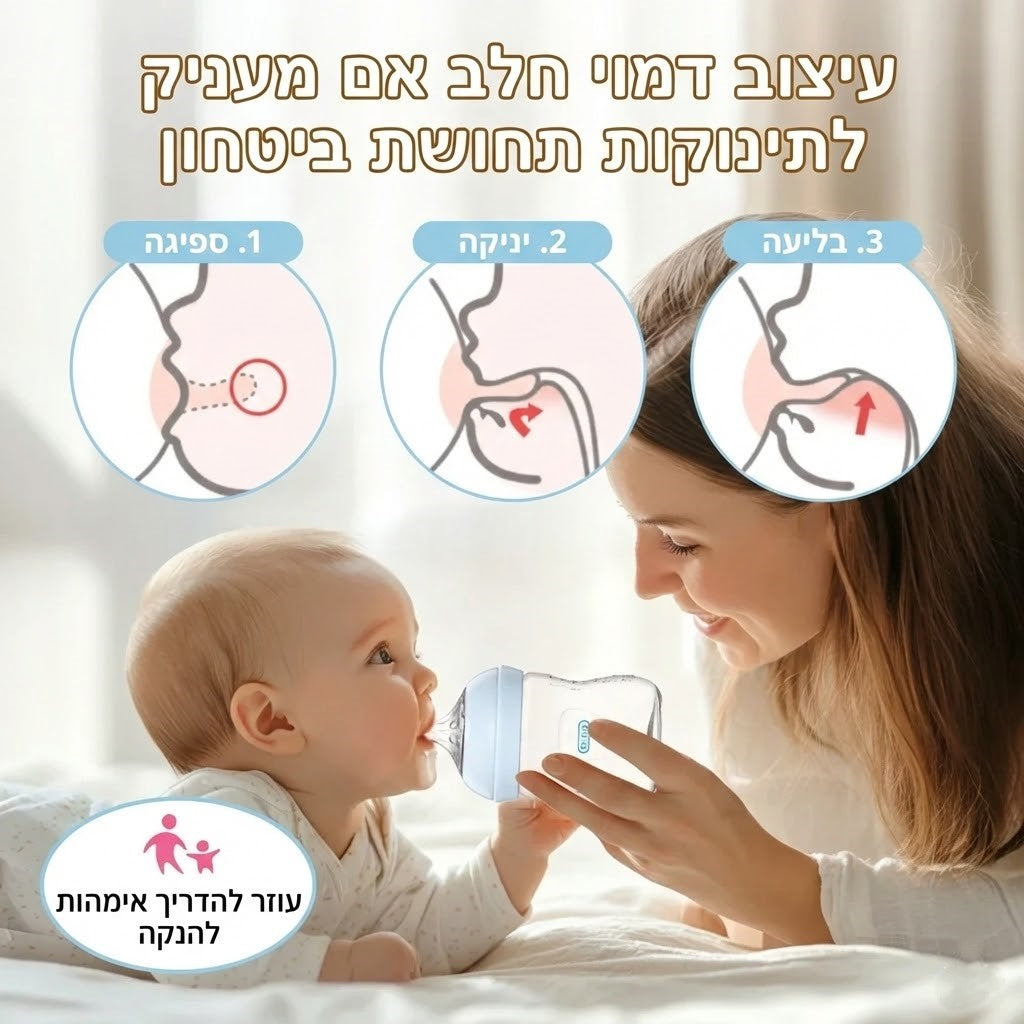 תינוק משתמש בבקבוק לתינוק עם ידיות בזמן האכלה