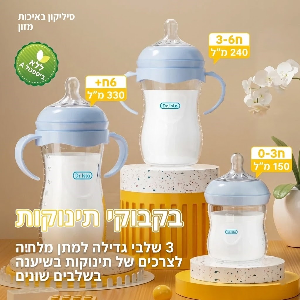 בקבוק לתינוק עם ידיות לשתייה עצמאית ונוחה